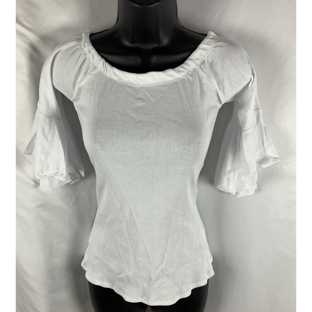 Chaser Women's White Small Peasant Top Boat Neck Flutter Sleeves Stretch Knit
